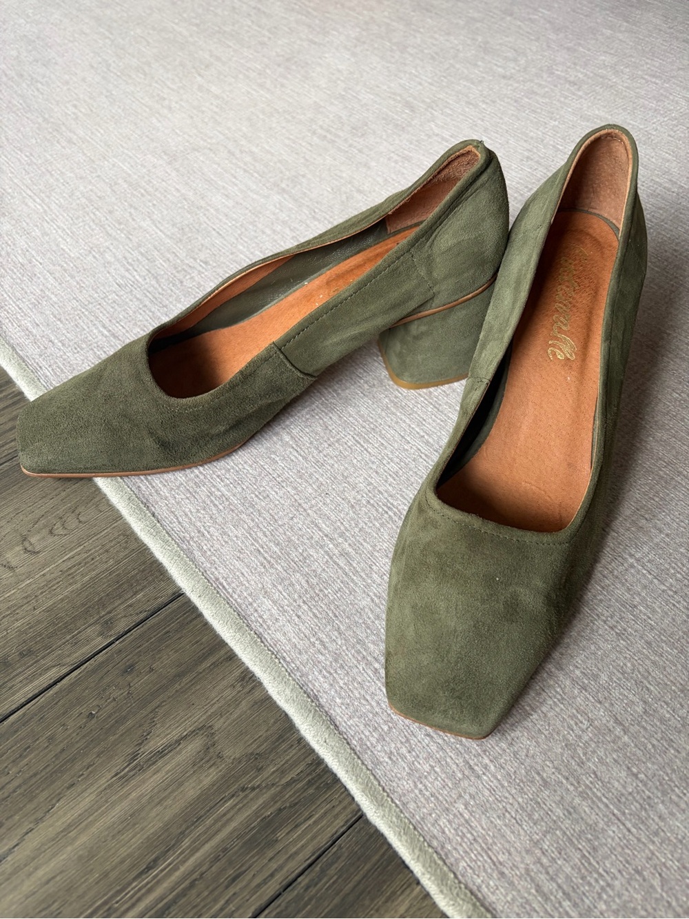 L'INTERVALLE Olive Green Suede Leather Block Heel Square Toe Ballet Pumps, 40